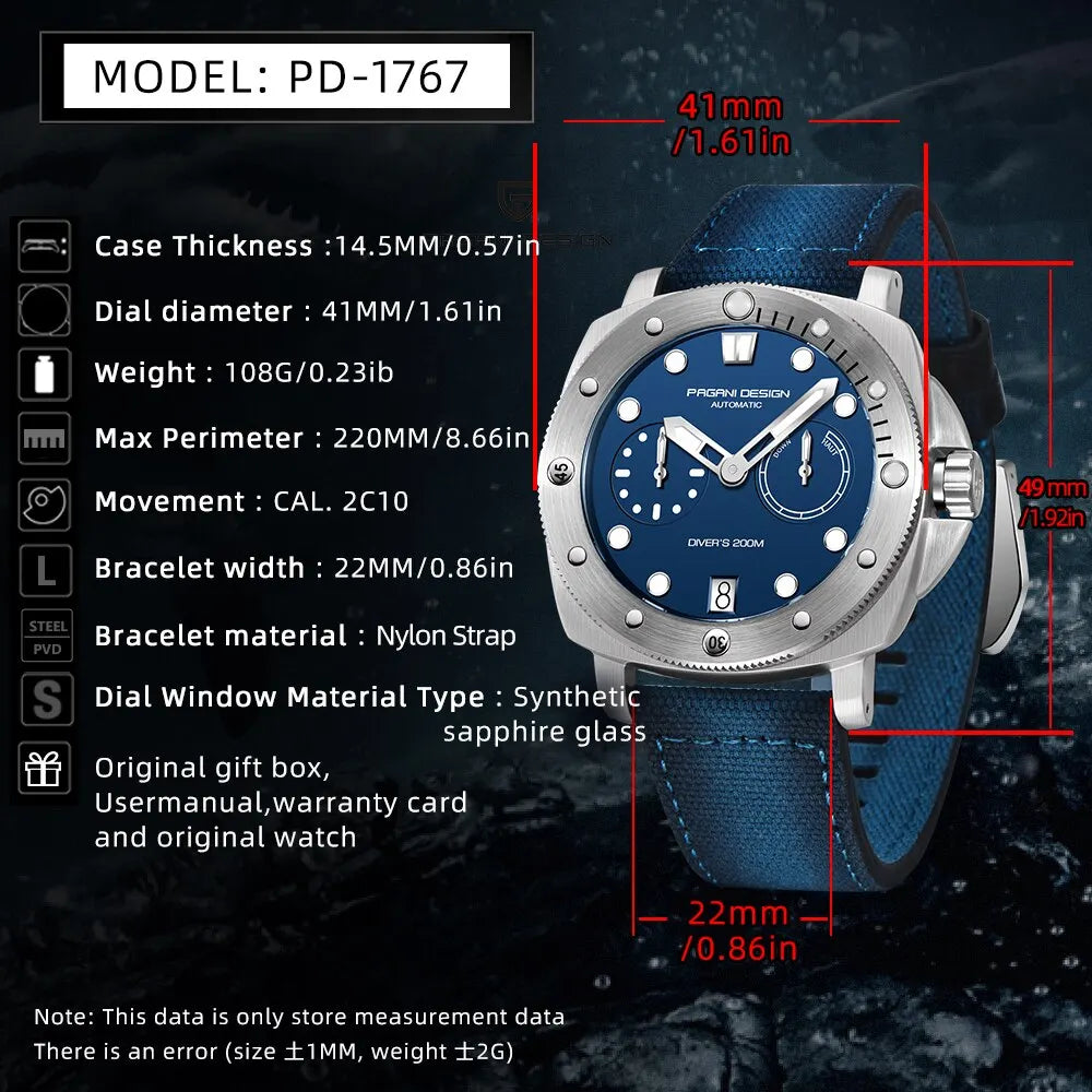 PAGANI Automatic Mechanical Watch Diver 200M Waterproof Sapphire