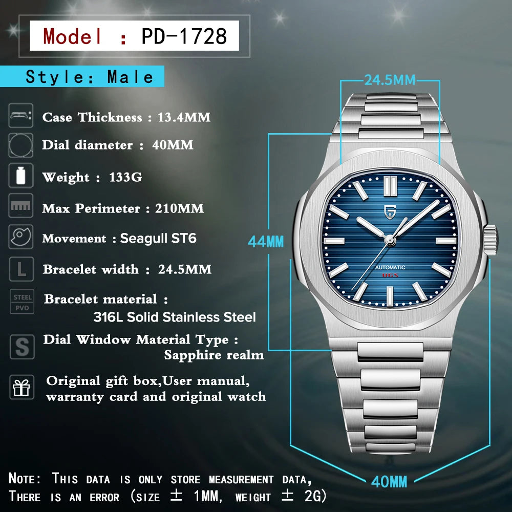 PAGANI Men's Watch Automatic Mechanical 40MM WristWatch Stainless Steel AR Sapphire Glass