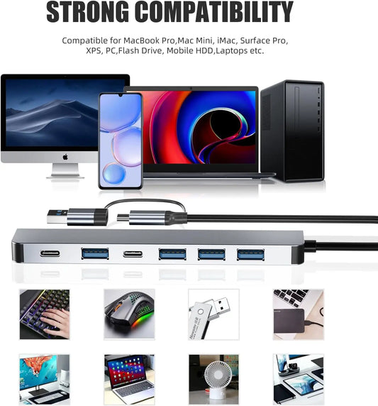 7-Port USB Hub Splitter 1USB3.0+4USB2.0+2USB-C 2.0 with 5W Power Supply High Speed Multiport Expander for Laptop Desktop PC Comp