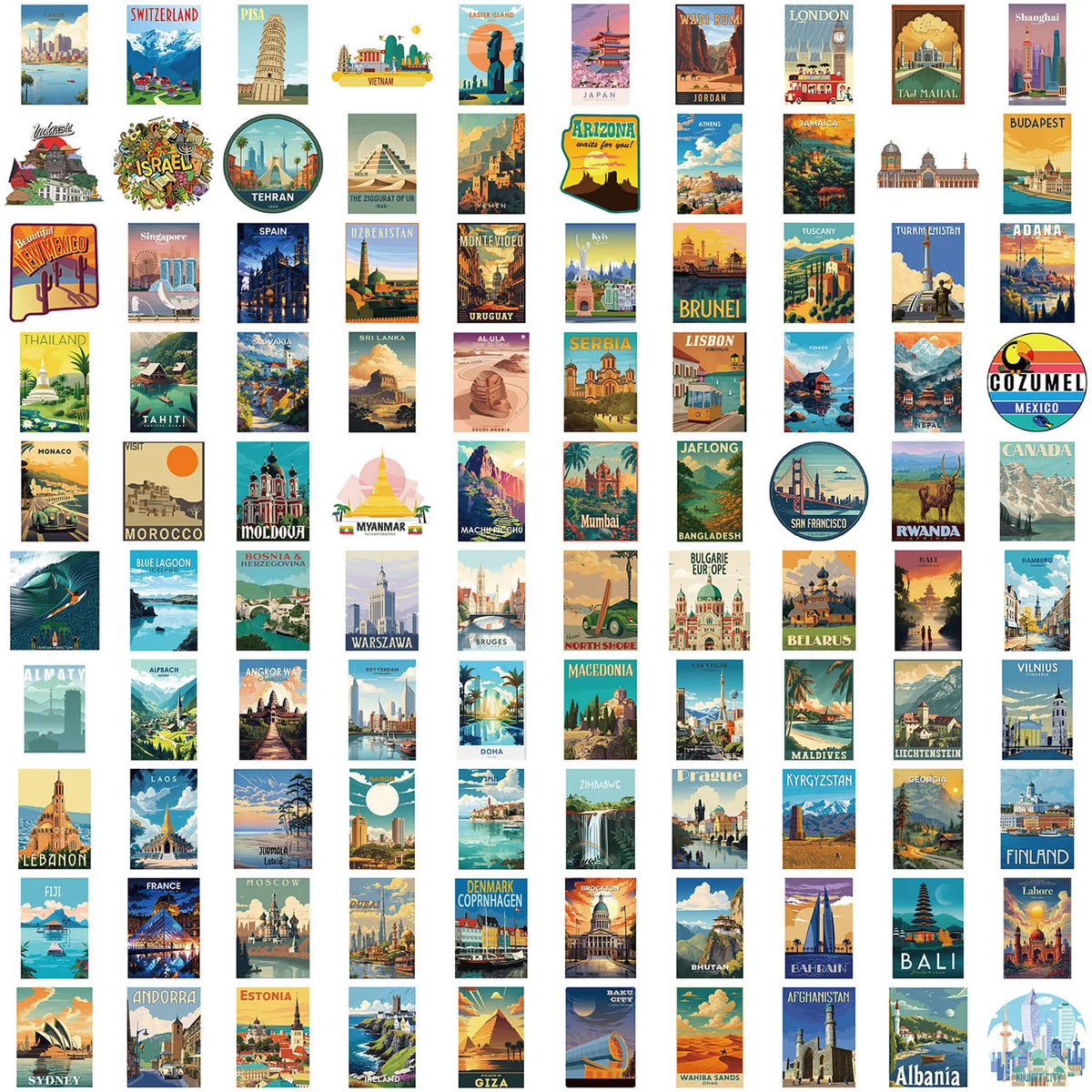 100PCS Cartoon World Landmark & National Park Graffiti Waterproof Stickers DIYFor Decorative Guitar Notebook Luggage Stationery
