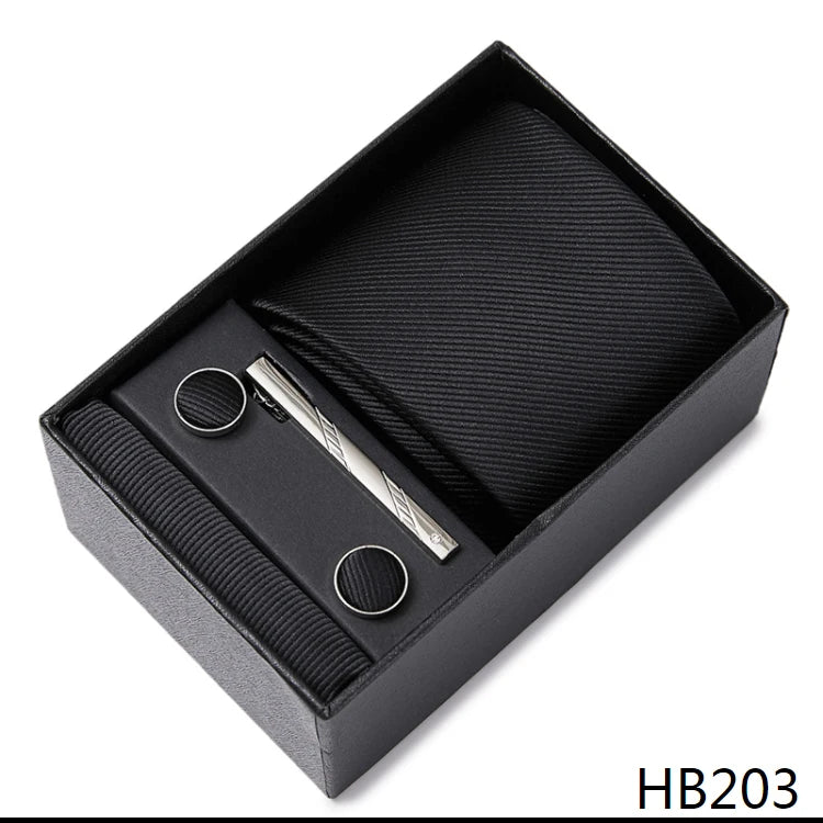 100% Silk Brand Tie Handkerchief Cufflink Set For Men Necktie Holiday Gift Box Blue Gold Suit Accessories Slim Wedding Gravatas