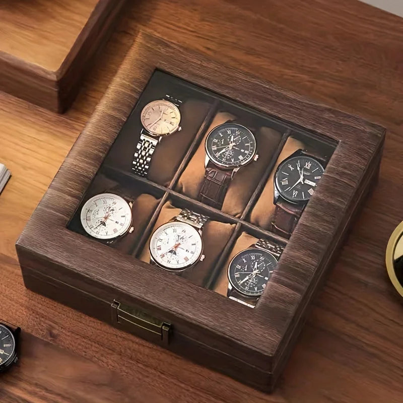 Watches Collection Elegant 6-Slot Watch Box Luxury Wood Grain Finish