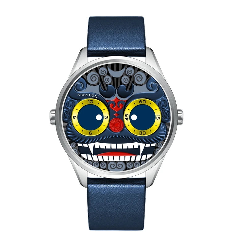 Quartz Watch Gold Lion Design Dial Leather Strap