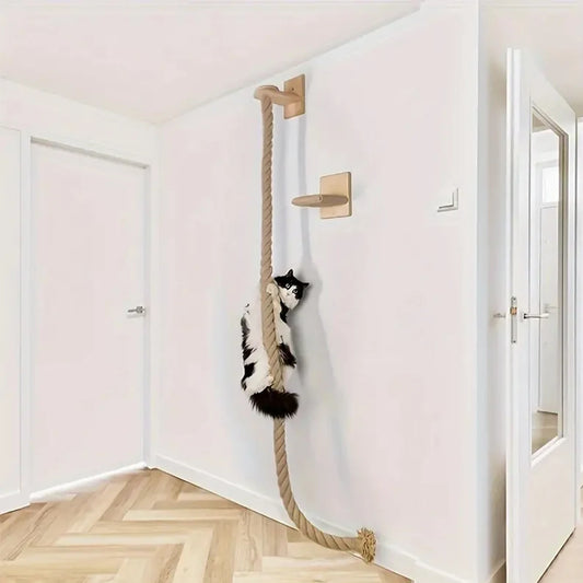 Wall-Mounted Cat Climbing Rope & Wooden Scratching Post