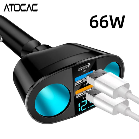 Car Lighter Adapter 66W Fast Charging PD Type C 3.0 USB Ports LED
