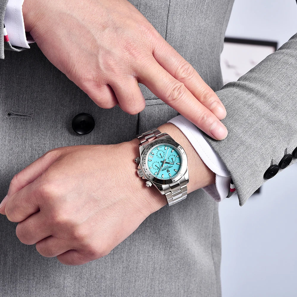 Daytona Crystal Blue Bezel Quartz Sapphire Glass Chronograph Watch PAGANI