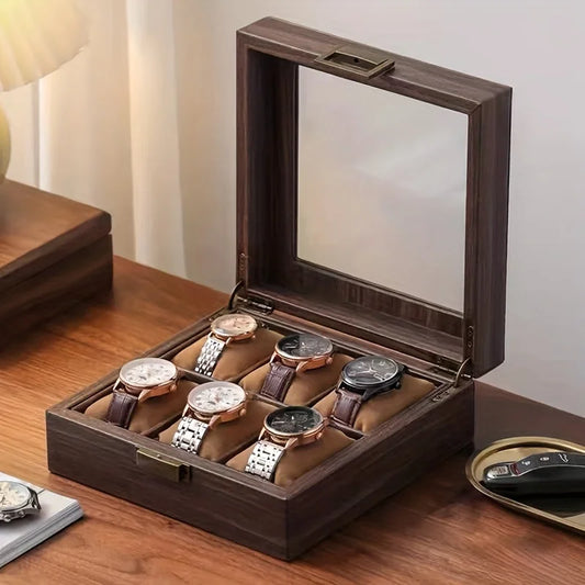 Watches Collection Elegant 6-Slot Watch Box Luxury Wood Grain Finish
