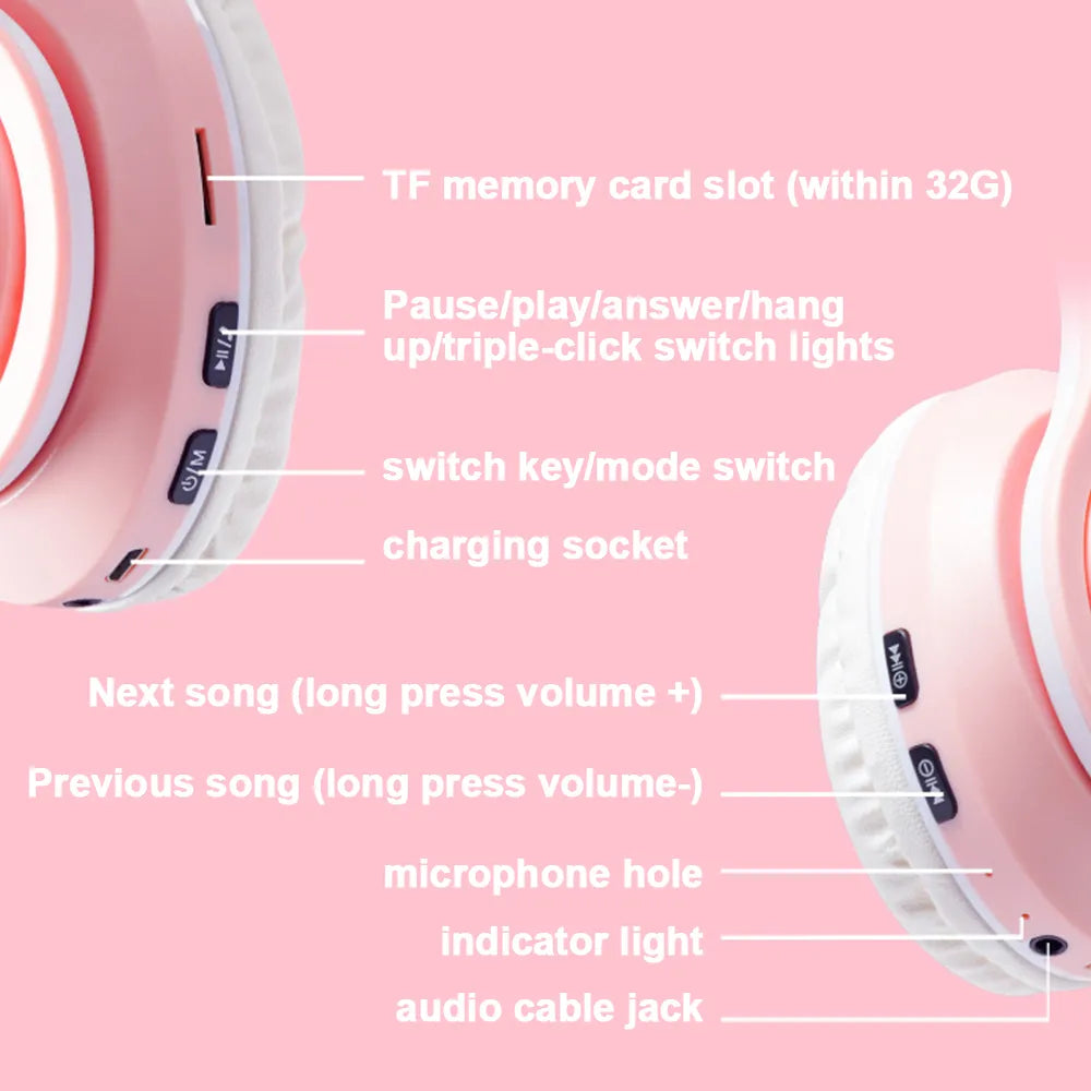 Bluetooth Headphones Cat Ear Glow Light Gamer Girl Gifts