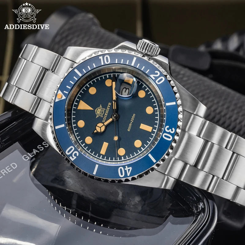Vintage Retro Stainless Steel Quartz 41mm 200M Dive Submarine Watch Blue Dial