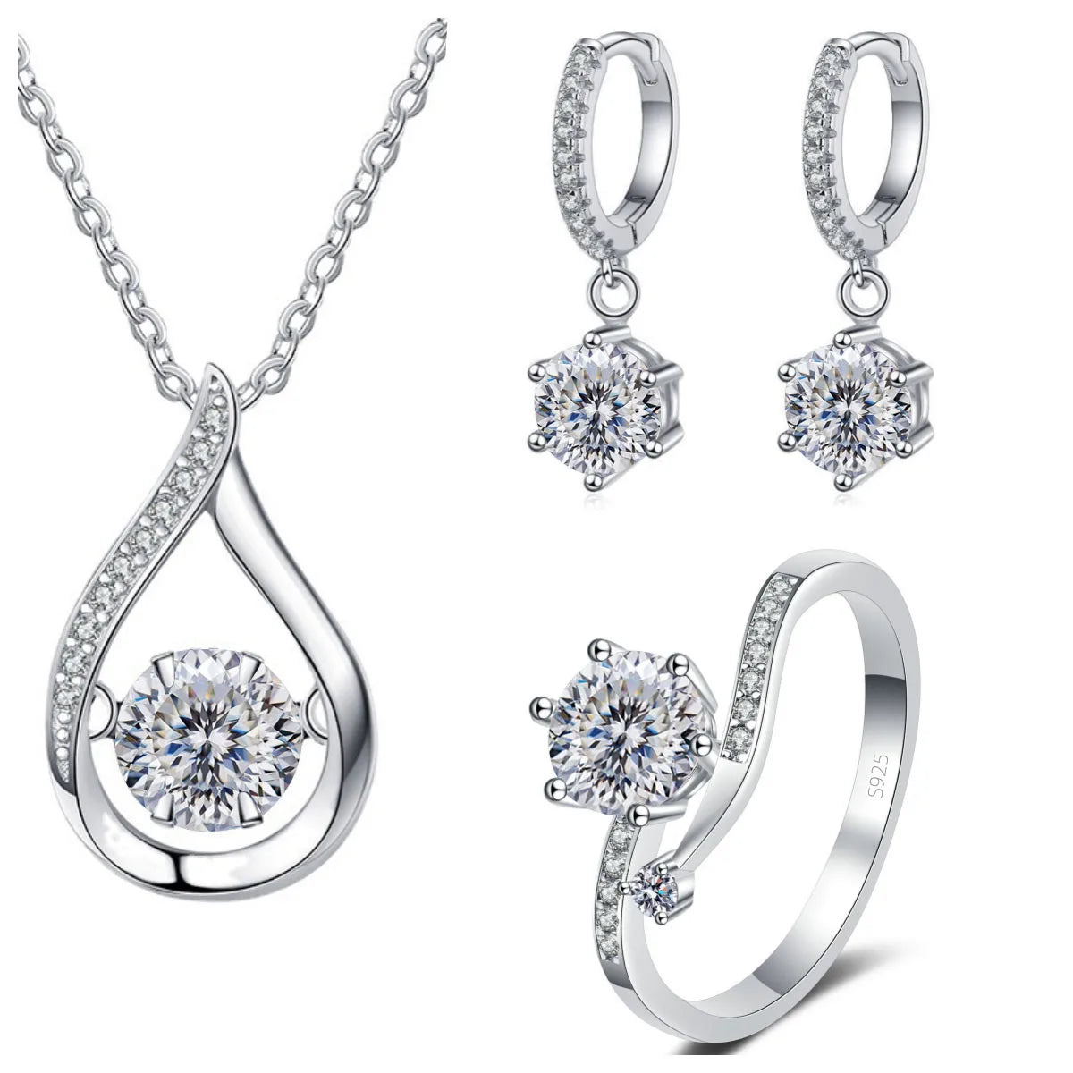 Sterling Silver Moissanite Jewelry Set Pendant Necklace Ring Gift