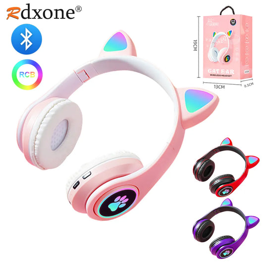 Bluetooth Headphones Cat Ear Glow Light Gamer Girl Gifts