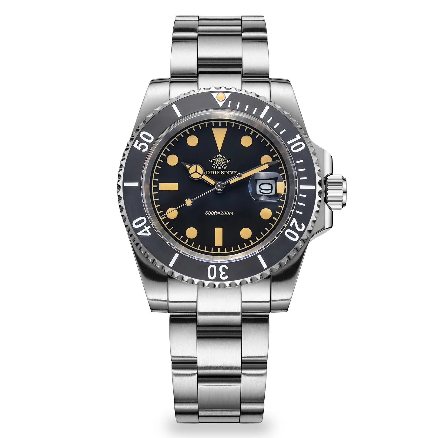 Vintage Retro Stainless Steel Quartz 41mm 200M Dive Submarine Watch Black Dial
