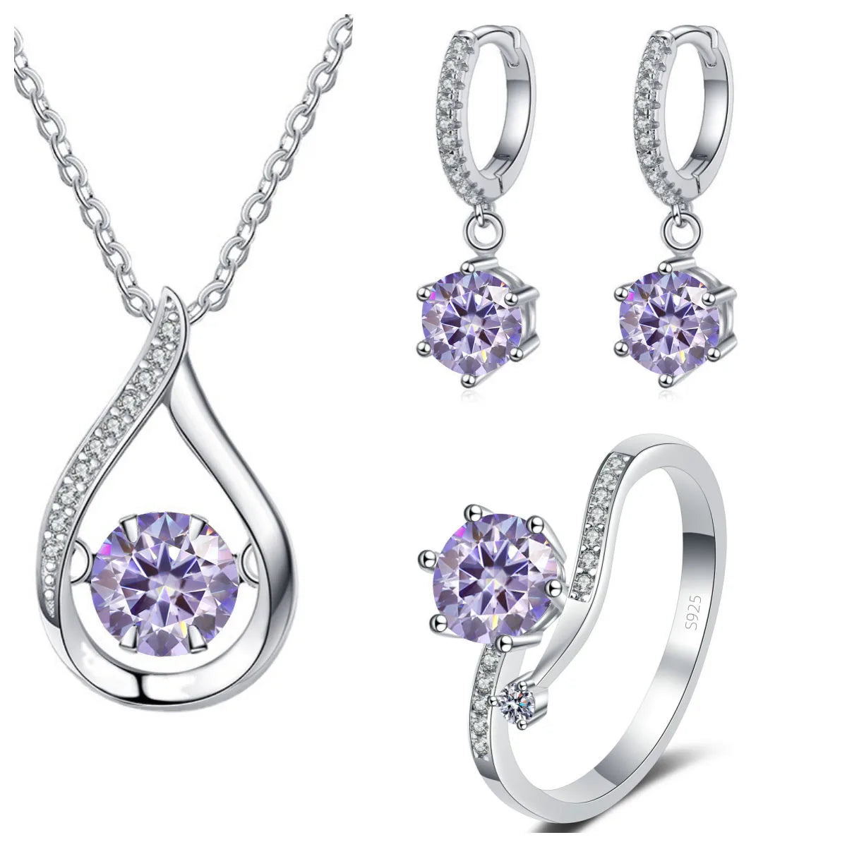 Sterling Silver Moissanite Jewelry Set Pendant Necklace Ring Gift