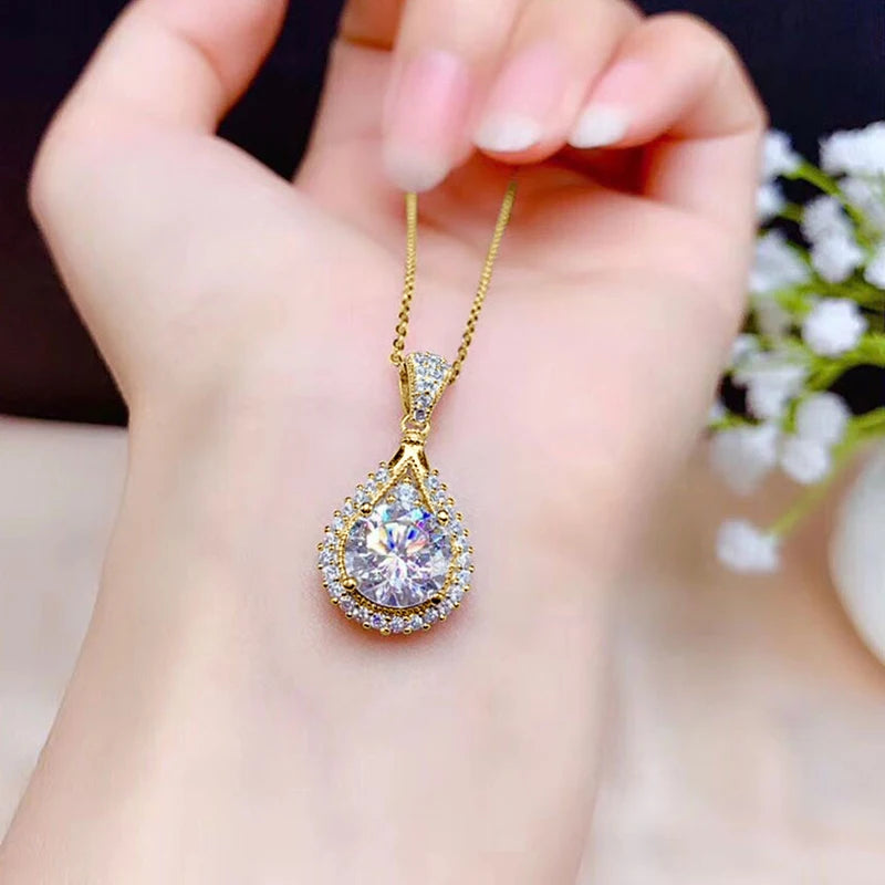 Moissanite Water Drop Necklace Pendant Jewelry Certified 925 Sterling Silver 18K White Gold Plated