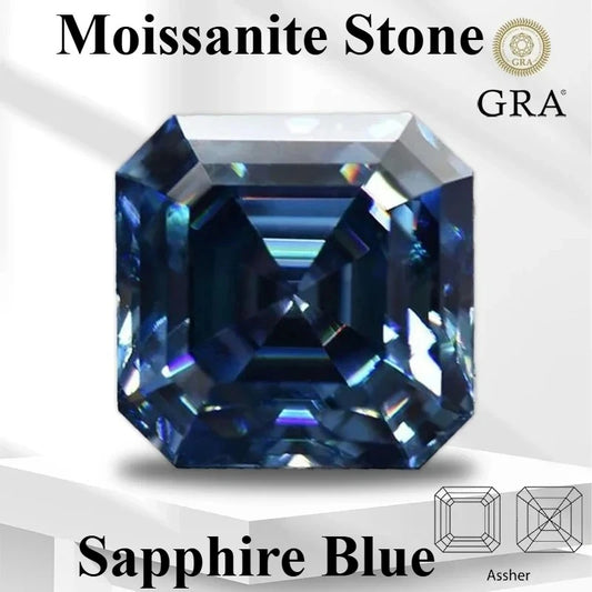 Moissanite Sapphire Blue Asscher Cut With GRA Certificate