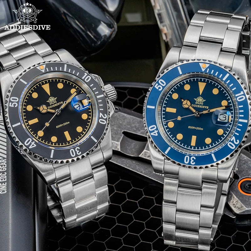 Vintage Retro Stainless Steel Quartz 41mm 200M Dive Submarine Watch Blue Dial