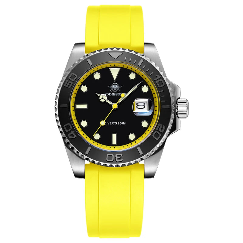 YELLOW Quartz Watch Calendar 200m Diver Silicone Men Sport Watch