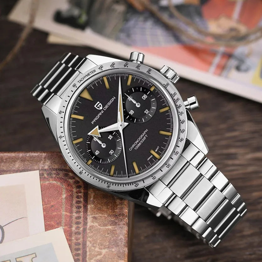 Vintage PAGANI Retro Watch Quartz Speed Sports Chronograph AR Sapphire VK64