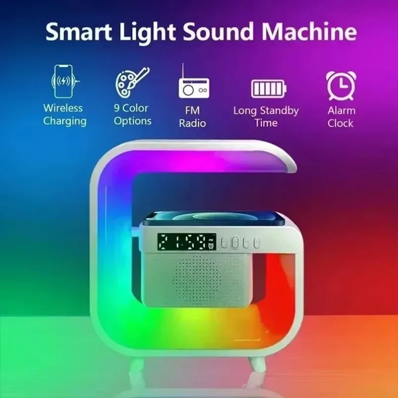 Atmosphere LED Desk Clock Wireless Charger Bluetooth Speakers for iPhone Samung Xiaomi