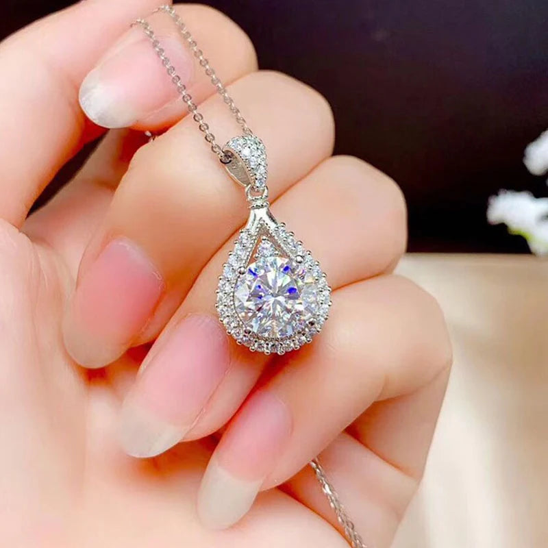 Moissanite Water Drop Necklace Pendant Jewelry Certified 925 Sterling Silver 18K White Gold Plated