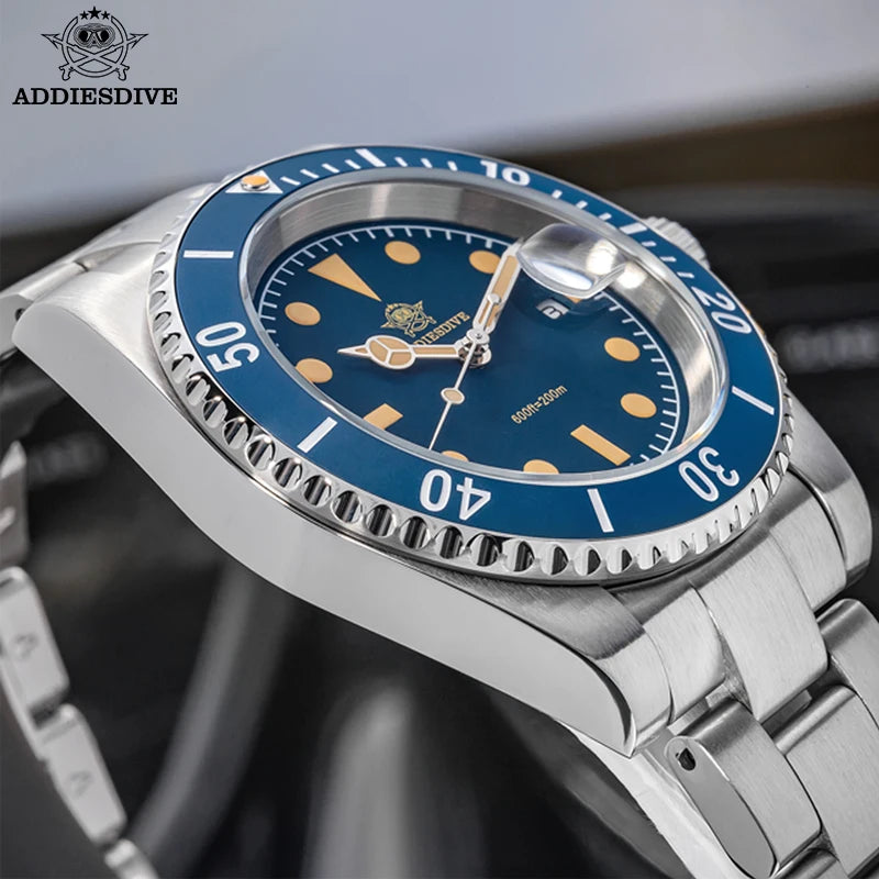 Vintage Retro Stainless Steel Quartz 41mm 200M Dive Submarine Watch Blue Dial