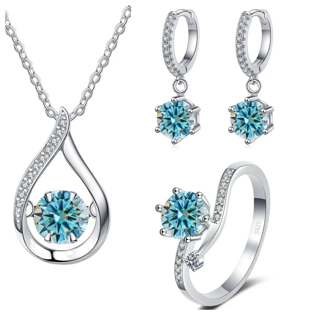 Sterling Silver Moissanite Jewelry Set Pendant Necklace Ring Gift