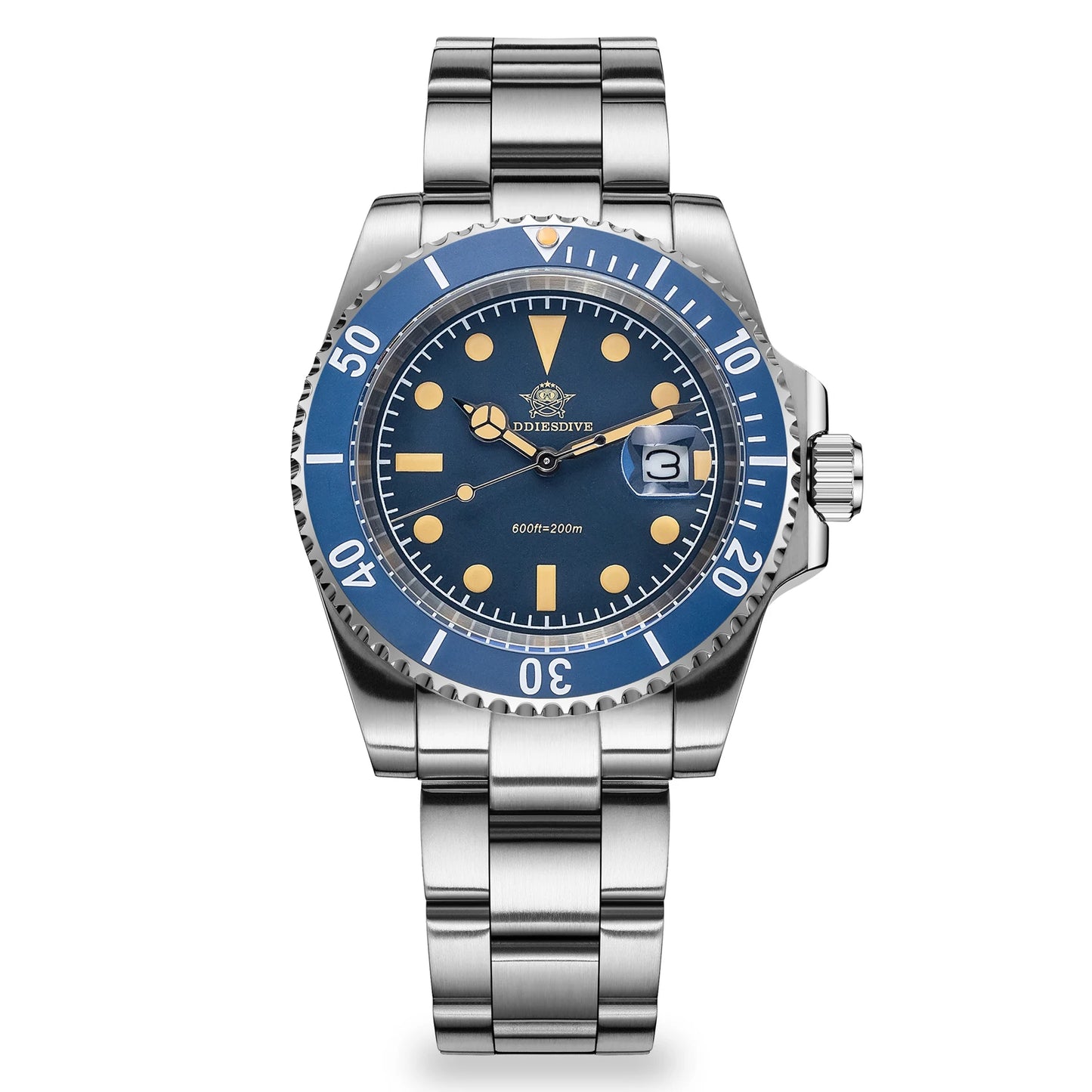 Vintage Retro Stainless Steel Quartz 41mm 200M Dive Submarine Watch Blue Dial