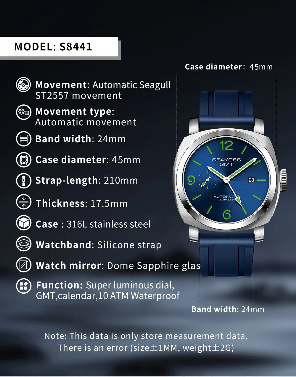 SEAKOSS GMT Diving Automatic Seagull 316L Super Luminous Calendar 10Bar