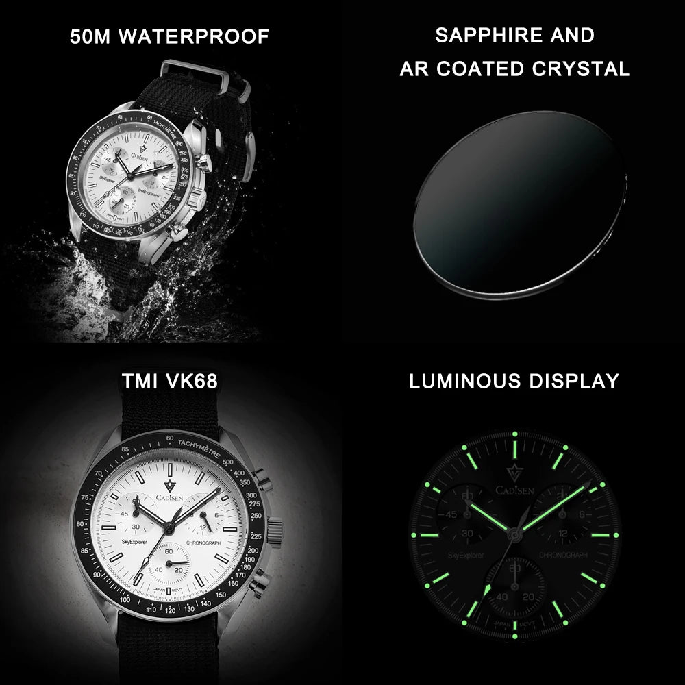 Men Watches Quartz Sapphire AR Coated Crystal Canvas VK68 Chronograph