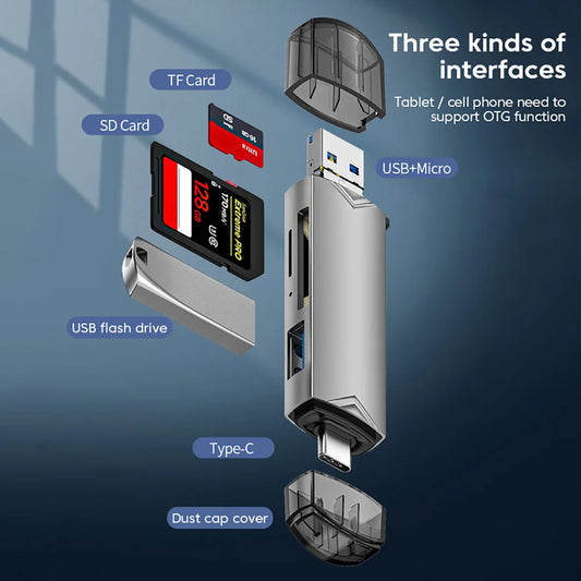 Type SD Card Reader 6 in 1 USB 3.0 Micro USB Flash Drive Adapter 5Gbps High Speed Transfer Card Data Reader