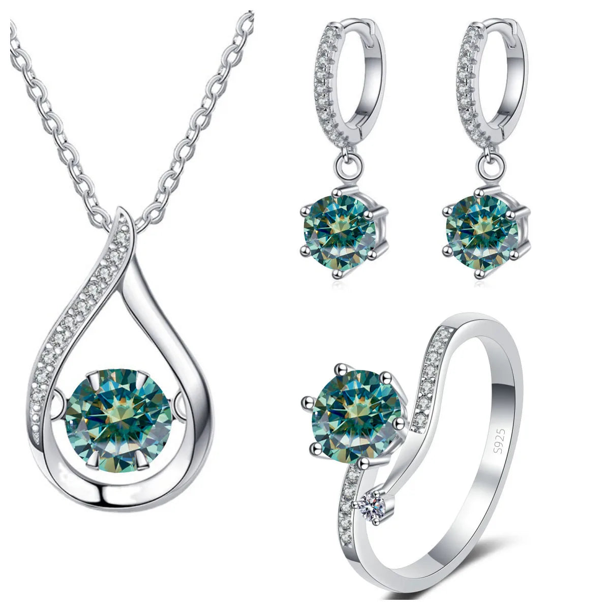 Sterling Silver Moissanite Jewelry Set Pendant Necklace Ring Gift