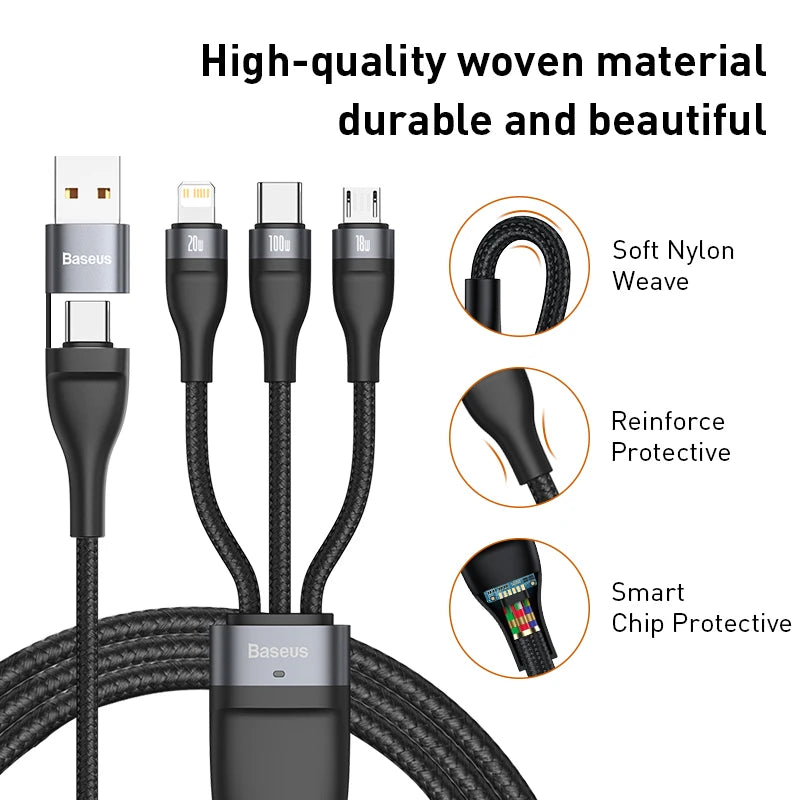 3in1 USB Type C Cable for iPhone Charger Cable 100W Micro USB Type C Cable