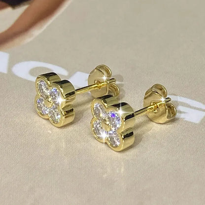 Lnngy Certified Moissanite Flower Earring With Certificate For Women Korean INS Four Leaf Flowers Stud Earrings Daily Jewelry