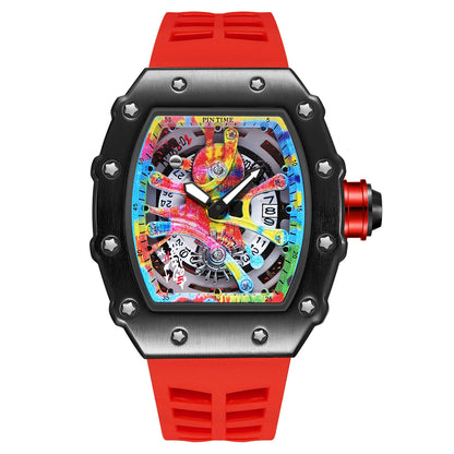 Watch Tonneau Men Quartz Graffiti Dial Date Waterproof Wristwatches
