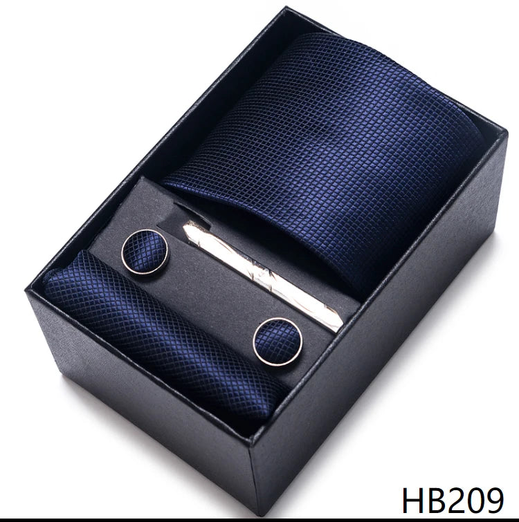 100% Silk Brand Tie Handkerchief Cufflink Set For Men Necktie Holiday Gift Box Blue Gold Suit Accessories Slim Wedding Gravatas