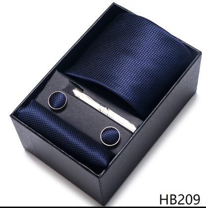 100% Silk Brand Tie Handkerchief Cufflink Set For Men Necktie Holiday Gift Box Blue Gold Suit Accessories Slim Wedding Gravatas