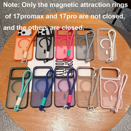 Wrist Strap Matte Lens Holder Case For iPhone 17 Air 16 15 14 Plus 13 12 11 Pro Max Mini For Magsafe Magnetic Lanyard Hard Cover