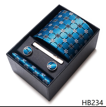 100% Silk Brand Tie Handkerchief Cufflink Set For Men Necktie Holiday Gift Box Blue Gold Suit Accessories Slim Wedding Gravatas