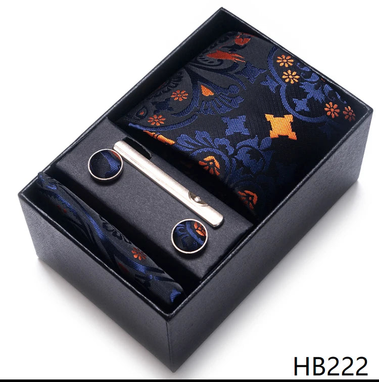 100% Silk Brand Tie Handkerchief Cufflink Set For Men Necktie Holiday Gift Box Blue Gold Suit Accessories Slim Wedding Gravatas