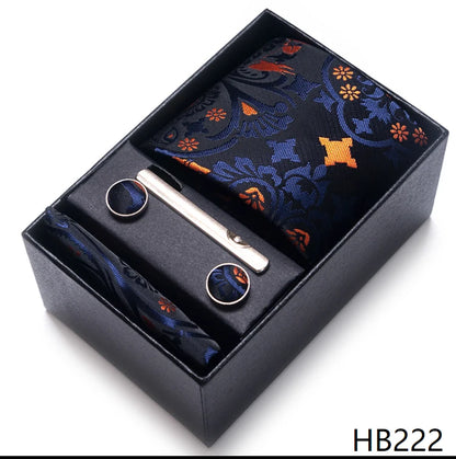 100% Silk Brand Tie Handkerchief Cufflink Set For Men Necktie Holiday Gift Box Blue Gold Suit Accessories Slim Wedding Gravatas