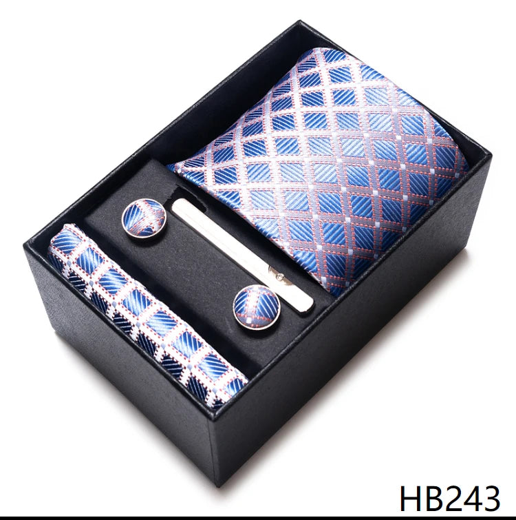 100% Silk Brand Tie Handkerchief Cufflink Set For Men Necktie Holiday Gift Box Blue Gold Suit Accessories Slim Wedding Gravatas