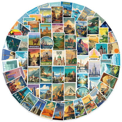 100PCS Cartoon World Landmark & National Park Graffiti Waterproof Stickers DIYFor Decorative Guitar Notebook Luggage Stationery