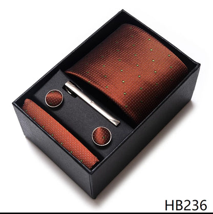 100% Silk Brand Tie Handkerchief Cufflink Set For Men Necktie Holiday Gift Box Blue Gold Suit Accessories Slim Wedding Gravatas