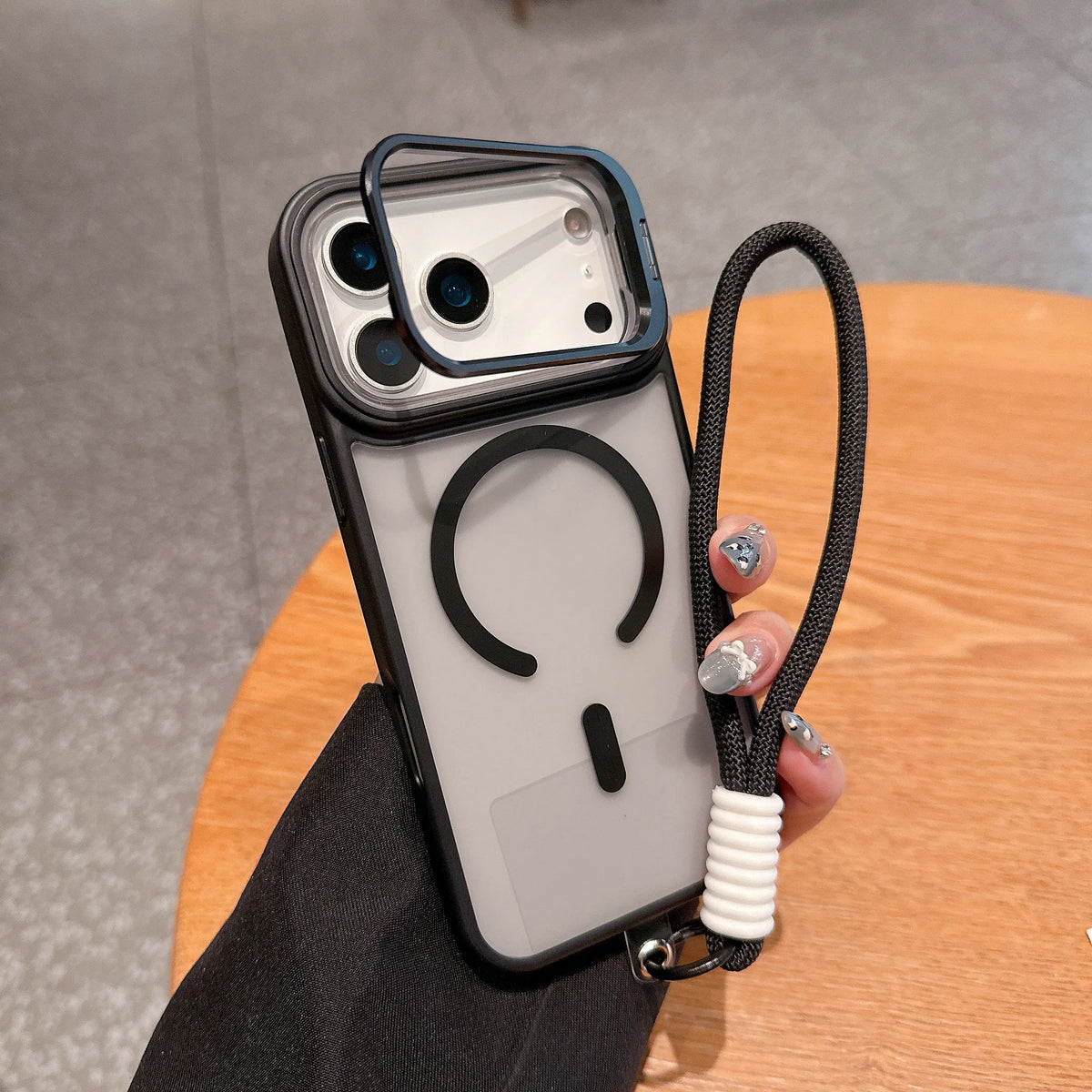 Wrist Strap Matte Lens Holder Case For iPhone 17 Air 16 15 14 Plus 13 12 11 Pro Max Mini For Magsafe Magnetic Lanyard Hard Cover