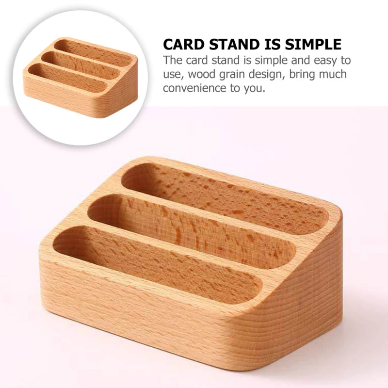 Wood Desktop Business Card Display Stand 3 Compartment Office