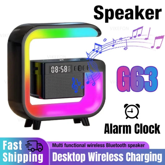 Atmosphere LED Desk Clock Wireless Charger Bluetooth Speakers for iPhone Samung Xiaomi
