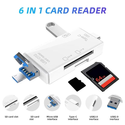 Type SD Card Reader 6 in 1 USB 3.0 Micro USB Flash Drive Adapter 5Gbps High Speed Transfer Card Data Reader