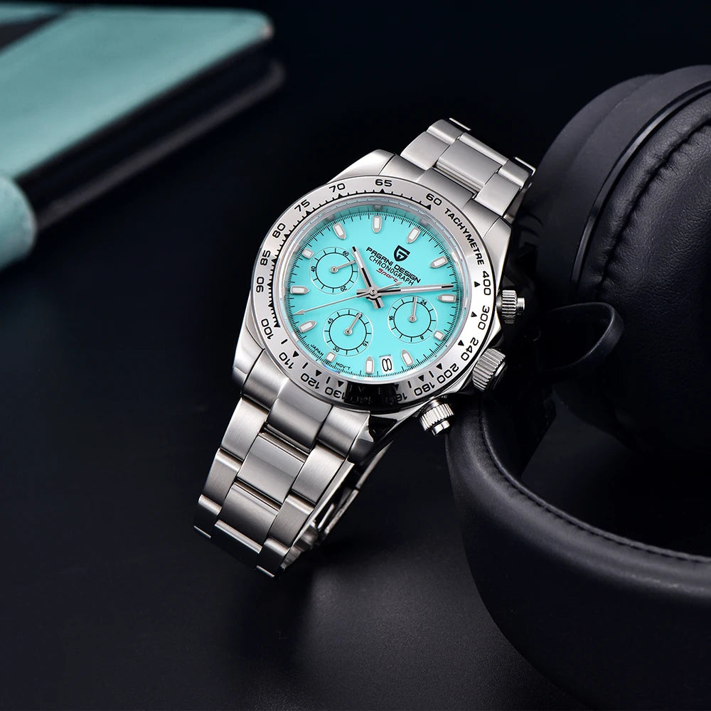 Daytona Crystal Blue Bezel Quartz Sapphire Glass Chronograph Watch PAGANI