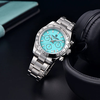 Daytona Crystal Blue Bezel Quartz Sapphire Glass Chronograph Watch PAGANI