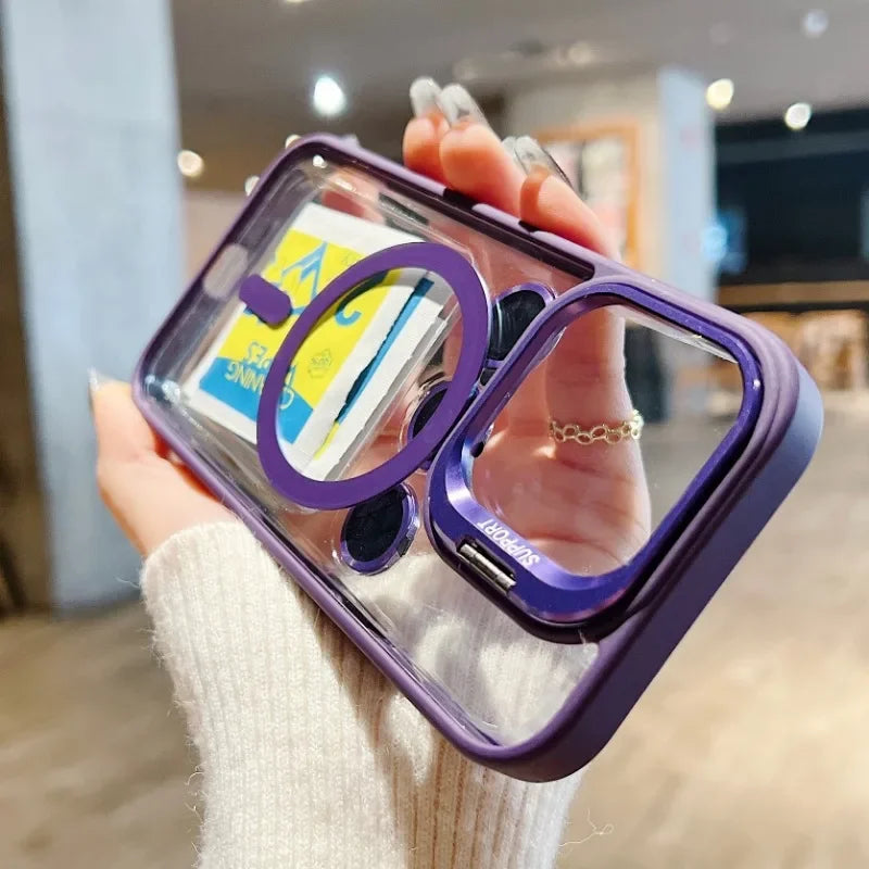 Fashion For Magsafe Stand Glass Lens Protector Case For iPhone 16 15 14 13 11 12 Pro Max 16 Plus Magnetic Shockproof Back Cover
